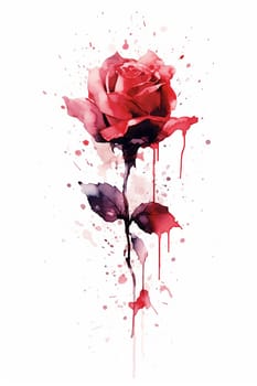 Stylized watercolor painting of a red rose with dripping paint effect.