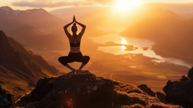 The picture of the young or adult female human doing the yoga pose for relaxation or meditating the mind in the middle of the nature under the bright sun in the daytime of a dawn or dusk day. AIGX03.