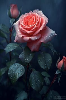 Close-up of a dew-kissed rose against a moody blue background.