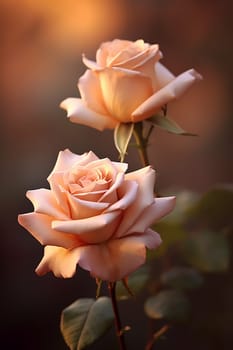 Two delicate peach roses in soft sunset light.
