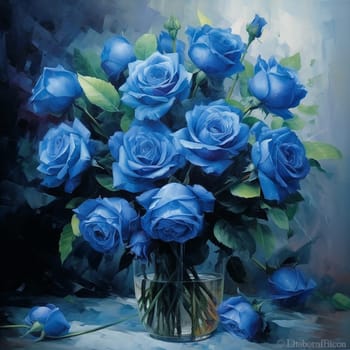 A bouquet of blue roses against a dark background.