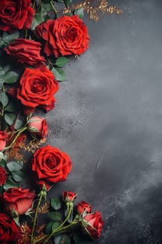 A group of red roses arranged on a grey background.