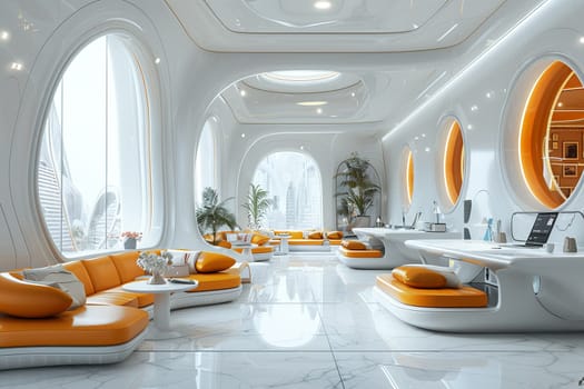 Cyber cafe with high-speed internet and futuristic furnishings3D render.