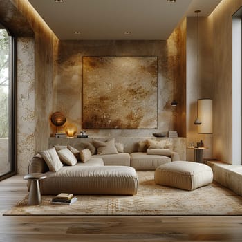 Understated luxury hotel suite with subtle textures and neutral tones3D render