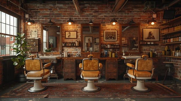 Hipster barbershop with vintage chairs and exposed filament bulbs3D render.