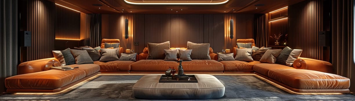 Luxurious home theater with plush seating and state-of-the-art sound system3D render.