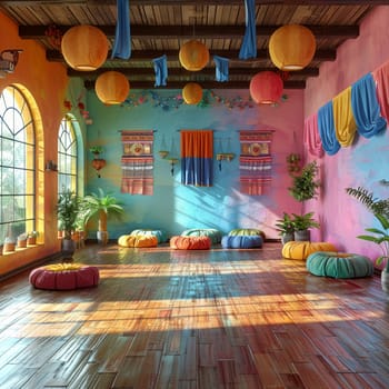 Vibrant Latin dance studio with colorful decorations and a wooden floor3D render.