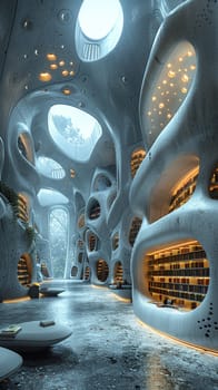 Futuristic public library with holographic books and interactive learning pods.3D render.