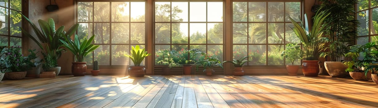 Peaceful yoga studio with natural wood floors and calming colors3D render.