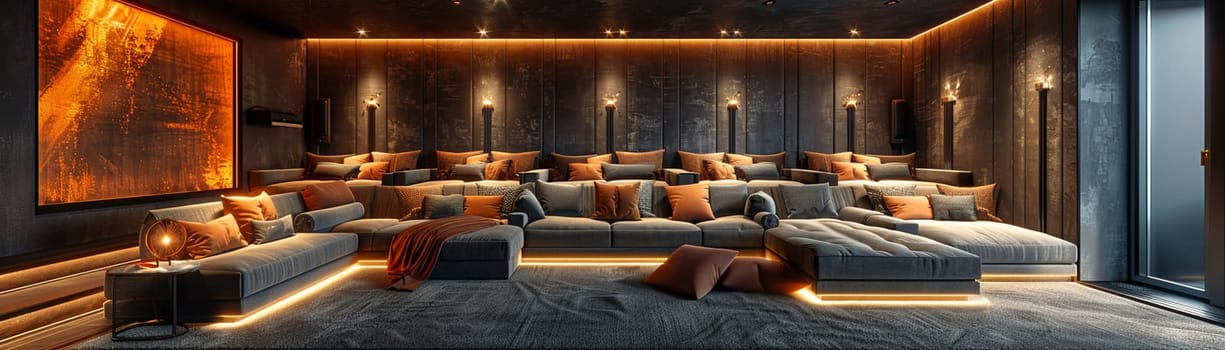 Luxurious home theater with plush seating and state-of-the-art sound system3D render.