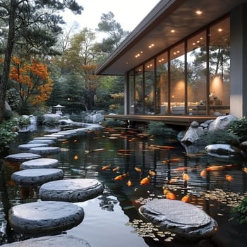 Tranquil Japanese koi pond garden with stepping stones and traditional tea house.3D render