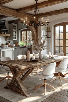 Warm and inviting dining room with a rustic farmhouse table and candle chandelier3D render.