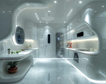 Futuristic smart home kitchen with voice-controlled appliances and interactive countertops.3D render.