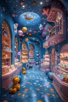 Whimsical toy store with magical displays and interactive zones3D render
