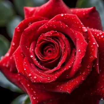 Close up of a dew kissed rose against a moody blue background.