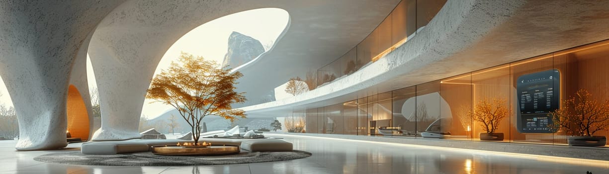 Futuristic bank lobby with interactive screens and sleek surfaces3D render.