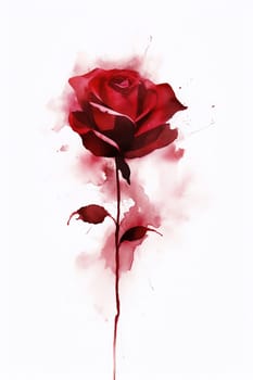 A single watercolor red rose with leaves isolated on a white background.