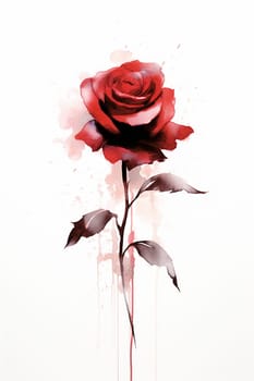 A single watercolor red rose with leaves isolated on a white background.