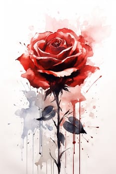 A single watercolor red rose with leaves isolated on a white background.