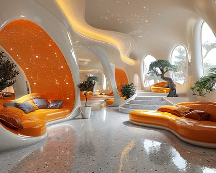 Retro-futuristic living room with curved furniture and metallic accents3D render