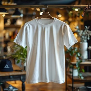 A white Tshirt, made of jersey fabric, is displayed on a clothes hanger in a store. The sportswear features short sleeves, a waistlength cut, and a trendy fashion design