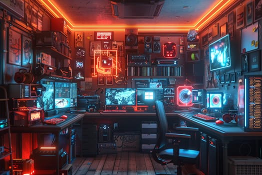 Cyberpunk gaming den with neon lights and high-tech setups3D render.