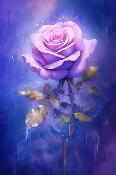 Vibrant purple rose against a moody, rain streaked blue backdrop