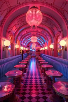 Retro-futuristic diner with chrome accents and neon lighting.3D render.