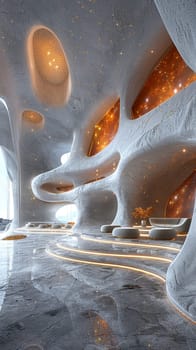 Futuristic lobby with interactive installations and high-tech features3D render.