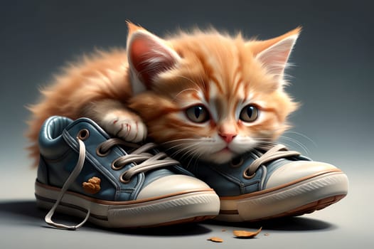 a small cute kitten lies near children's shoes. AI generated image.
