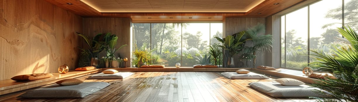 Peaceful yoga studio with natural wood floors and calming colors3D render.