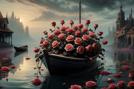 a boat full of roses floats on the water .AI generated image.