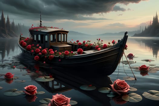 a boat full of roses floats on the water .AI generated image.