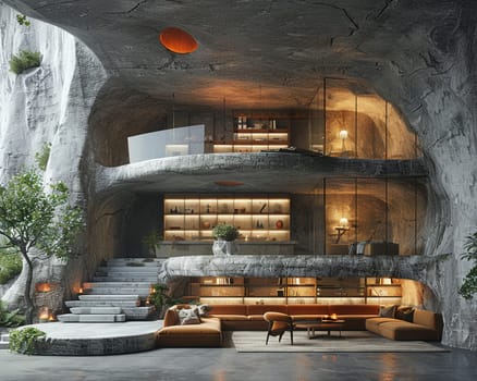 Post-apocalyptic bunker turned modern living space with innovative survival features.3D render