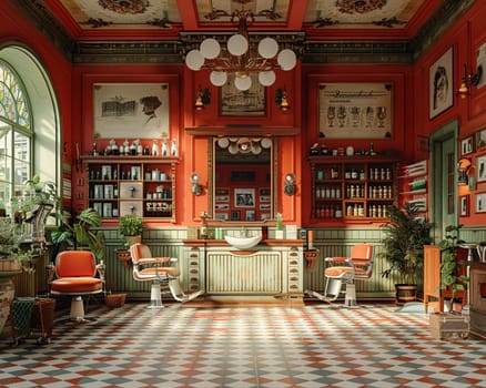 Vintage barbershop interior with classic chairs and nostalgic decor3D render.