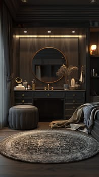 Luxurious dressing room with silk robes and a makeup vanity3D render.