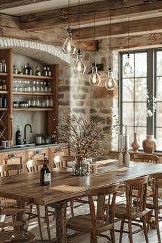 Warm and inviting dining room with a rustic farmhouse table and candle chandelier3D render.