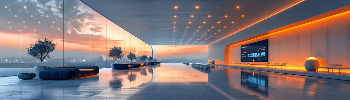 Futuristic bank lobby with interactive screens and sleek surfaces3D render.
