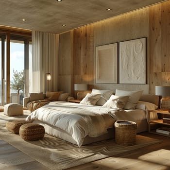 Understated luxury hotel suite with subtle textures and neutral tones3D render