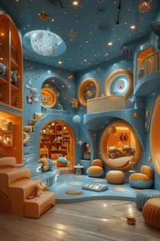Whimsical toy store with magical displays and interactive zones3D render