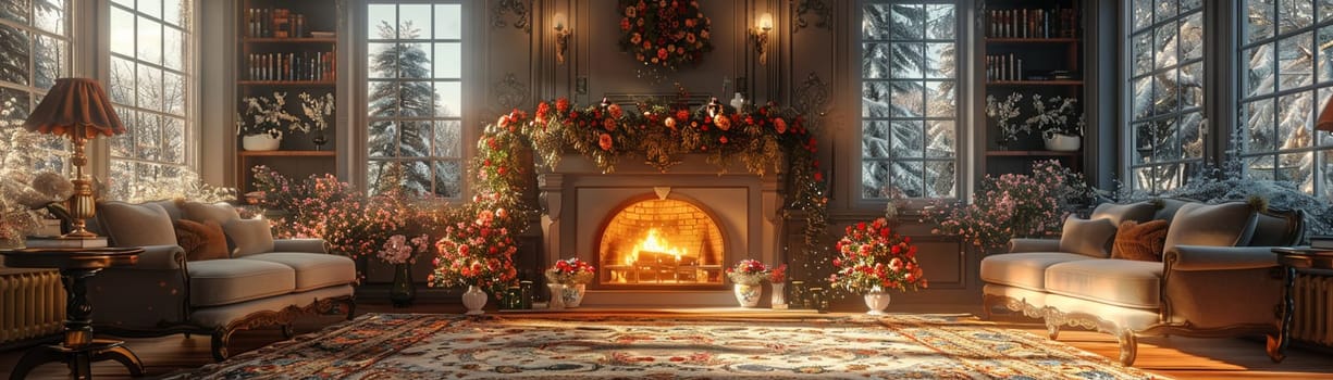 Traditional English cottage living room with floral patterns and cozy fireplace3D render.