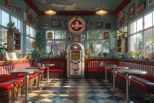 Classic American diner with red leather booths and a jukebox3D render.