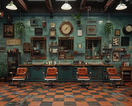 Vintage barbershop interior with classic chairs and nostalgic decor3D render.