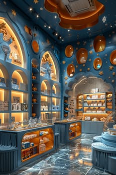 Whimsical toy store with magical displays and interactive zones3D render