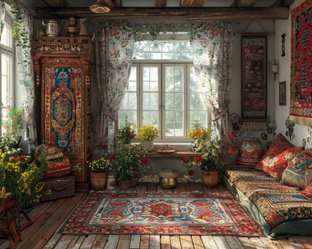 Traditional Russian dacha with folk art and a samovar3D render