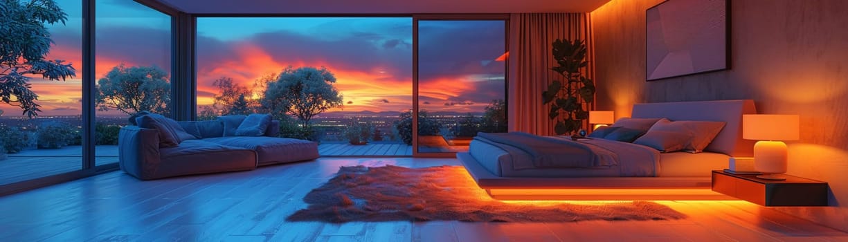 Futuristic bedroom with dynamic lighting and modular furniture3D render.