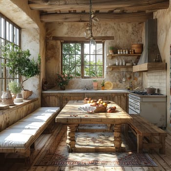 Rustic farmhouse kitchen with a large wooden table and antique fixtures3D render.