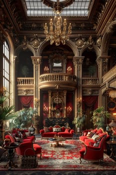 Elegant opera house lounge with red velvet drapes and antique furniture.3D render.