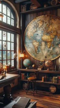 Old-world map room with globes and antique navigation tools3D render.