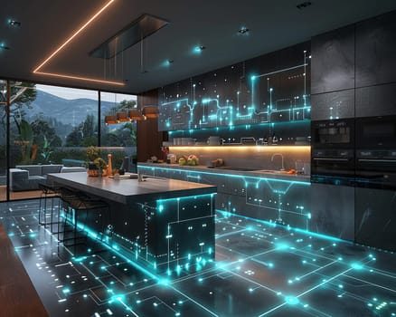 Futuristic smart home kitchen with voice-controlled appliances and interactive countertops.3D render.
